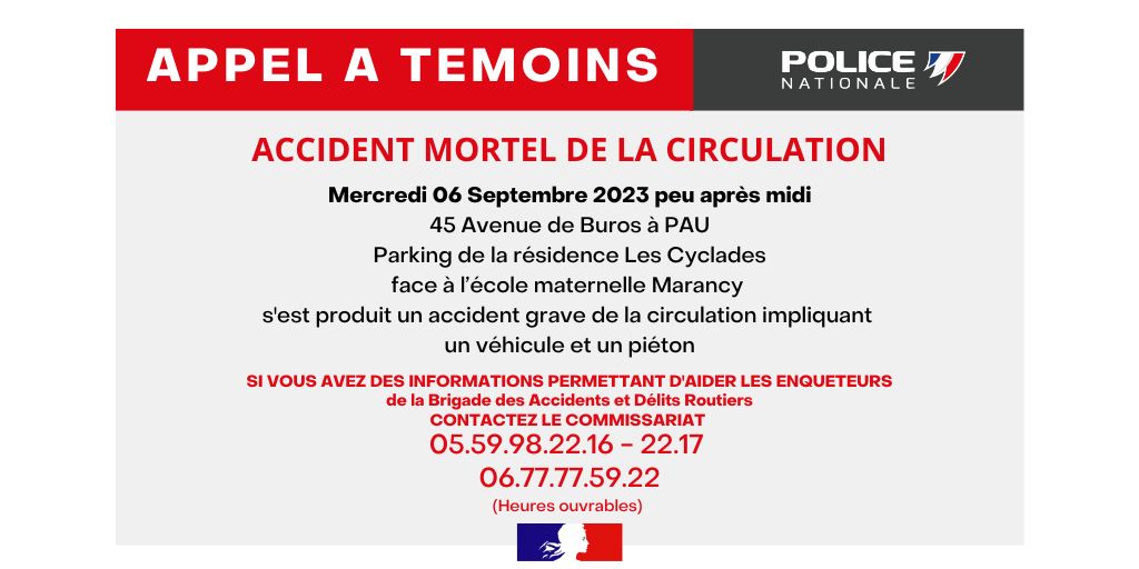 PoliceNat64's tweet photo. #AppelATémoins |
Merci de relayer en plus grand nombre cet appel à témoins pour aider la brigade accident du commissariat de PAU dans cette enquête. https://t.co/pZOYvxaCig