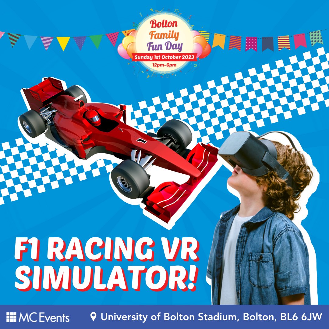 🏁🎮 On your mark, get set... VR! Ever imagined racing in the F1 championships? Now's your chance! 🏎💨

Dive headfirst into the fast lane with our state-of-the-art F1 VR simulator! 🏁🎮 

#BFFD23 #BoltonEvents #FamilyFunDay #KidsDayOut #F1VR #VirtualRacing