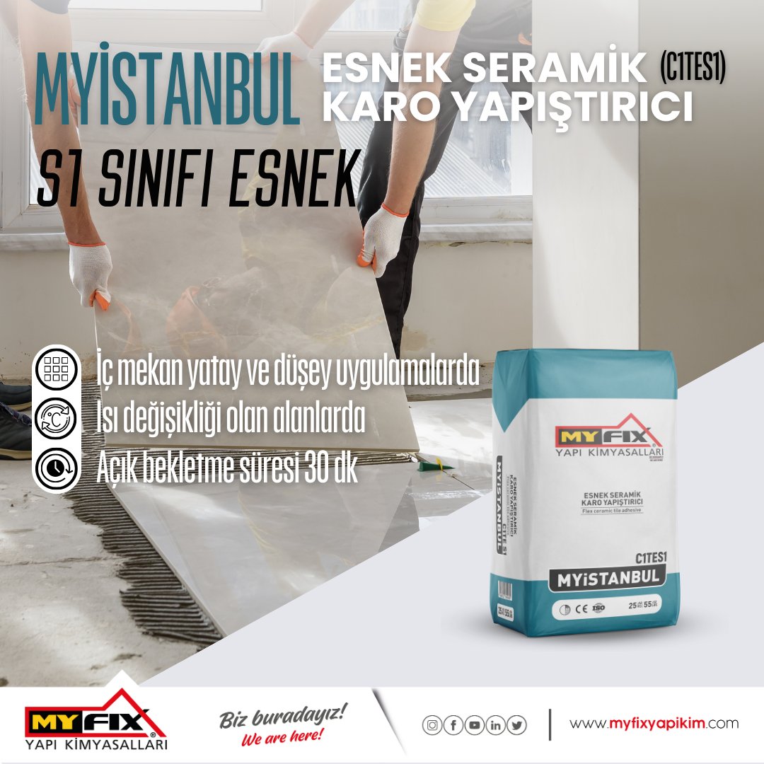 MYİSTANBUL / ESNEK SERAMİK KARO YAPIŞTIRICI (C1TES1) Çimento esaslı, kayma özelliği azaltılmış, açık bekletme süresi uzatılmış, modifiye edilerek elastikiyet kazandırılmış seramik ve fayans malzemelerin yapıştırılmasında kullanılan hazır harçtır. #yapıkimyasalları #seramik #karo