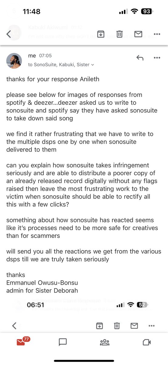 wanlov's tweet photo. why would @Deezer refer us to @sonosuite for Sono Suite to tell us to contact all the platforms? It seems Deezer knows Sono Suite’s responsibility better than Sono Suite themselves. And @spotify @SpotifyAfrica @spotifyartists say they have taken it down. So que paso @sonosuite ? https://t.co/nVjN6O83AR