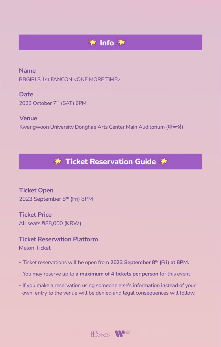 weare_bbgirls's tweet photo. [📢]
BBGIRLS 1st FANCON <ONE MORE TIME> Ticket Reservation Information

✔ 2023 October 7th (Sat) 6PM
✔ Kwangwoon University Donghae Arts Center Main Auditorium

🎫 Ticket Open
2023 September 8th (Fri) 8PM (🍈Melon Ticket)
🔗https://t.co/ko23iJC2EQ
🌏https://t.co/R7Y9V0rl3u https://t.co/KuL4E2ZX0o