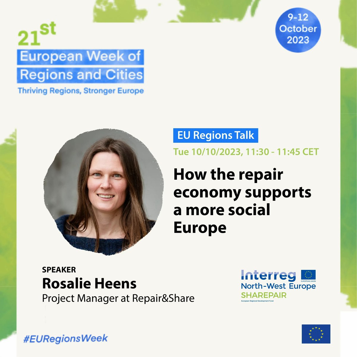 INTERREG_NWE's tweet photo. Have you registered to the #SHAREPAIR session at #EURegionsWeek? Rosalie Heens, Project Manager at @Repairshare, will talk about the many benefits of promoting repair for a circular and social economy @EUinmyRegion @EU_CoR

➡ https://t.co/64quoBiuGC https://t.co/92g7a14a9U