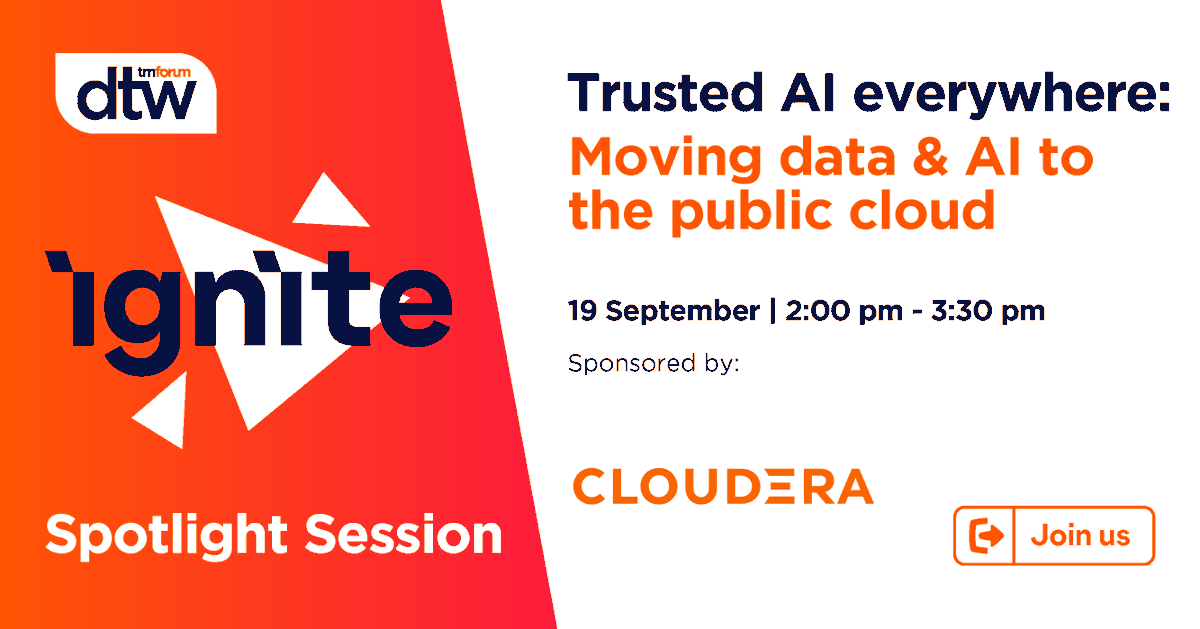 tmforumorg's tweet photo. During @cloudera's Spotlight at #DTW23 #Ignite, we will examine how to develop a modern data architecture based on open-source software and a comb of public cloud/on-prem infrastructure and deliver a dynamic at-scale platform for enterprise transformation https://t.co/WAMHVuhWab https://t.co/0tIlCw3coC