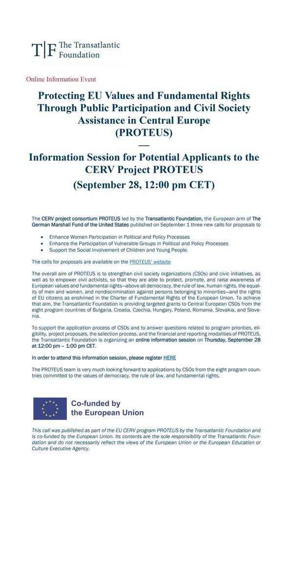 Join our #PROTEUS Information event on September 28, 12:00 pm CET and learn more about our actual #CallsforProposals & EU co-financed #grantmaking in Central Europe. 👇
The #CERV consortium #PROTEUS, led by the #TransatlanticFoundation, the European arm of
@gmfus
invites