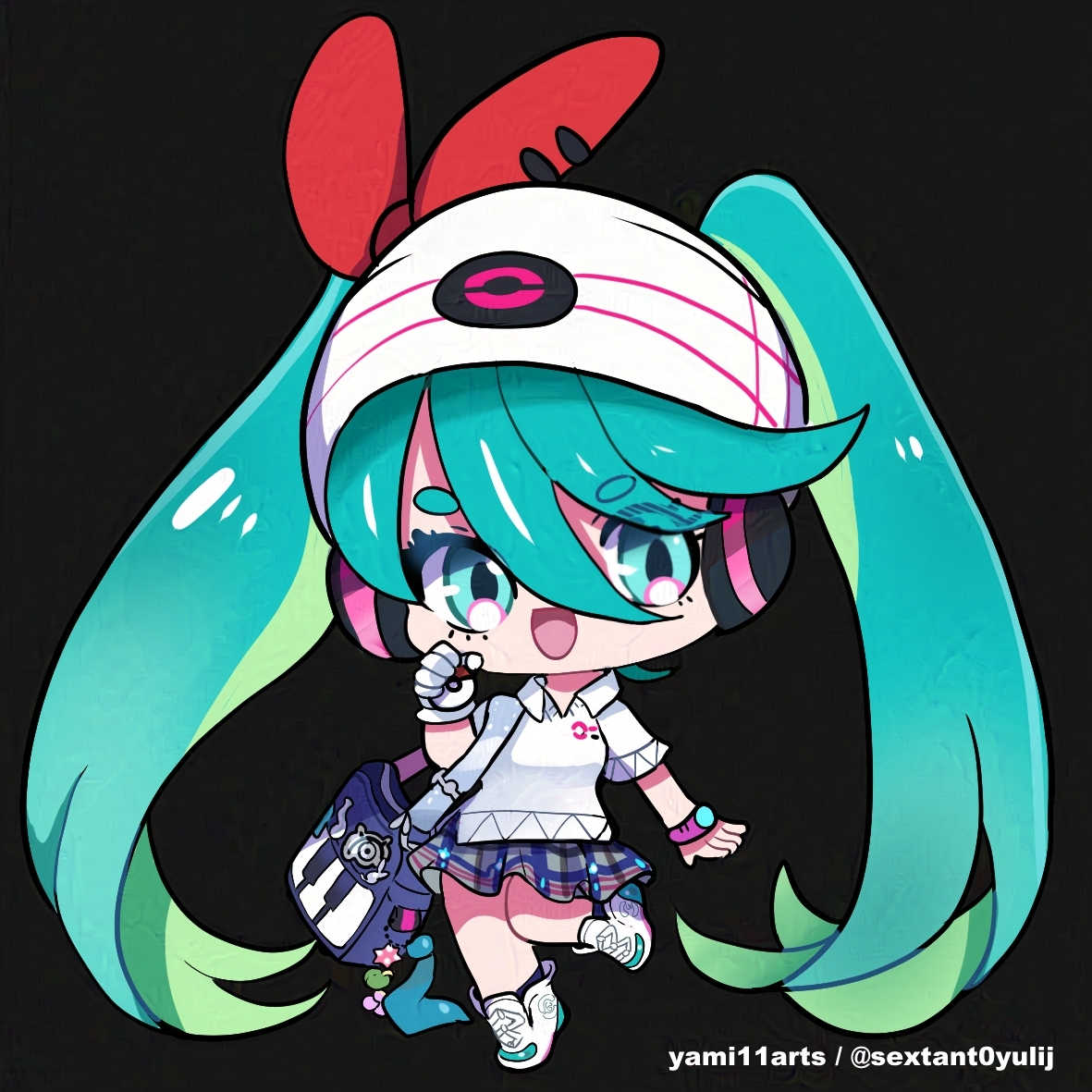 hatsune miku 1girl skirt twintails chibi solo bag aqua eyes  illustration images