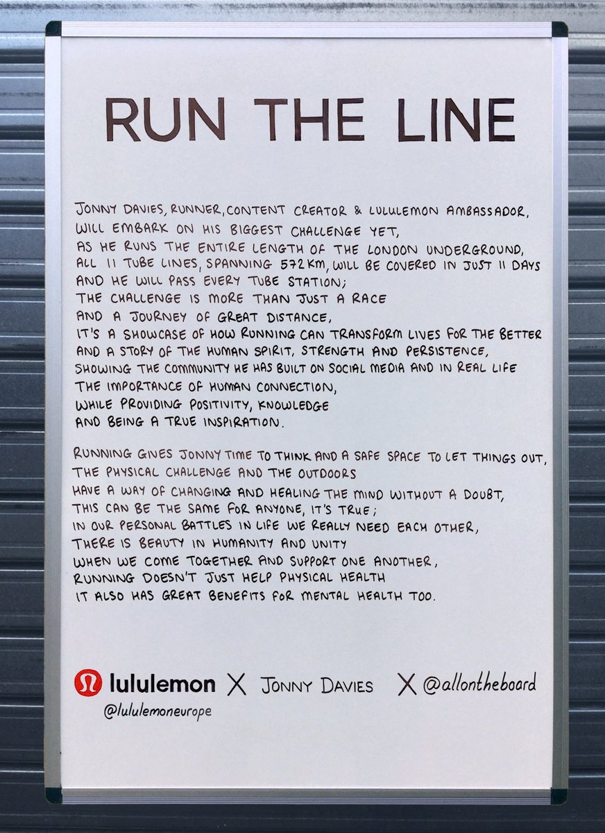 allontheboard's tweet photo. #ad From today Jonny Davies will RUN THE LINE. 

11 London Underground tube lines in 11 days. 

A huge challenge across 572km, it will showcase the benefits of running and of community support for anyone’s physical and mental health.

#runtheline https://t.co/5Sp7DSEn6Y