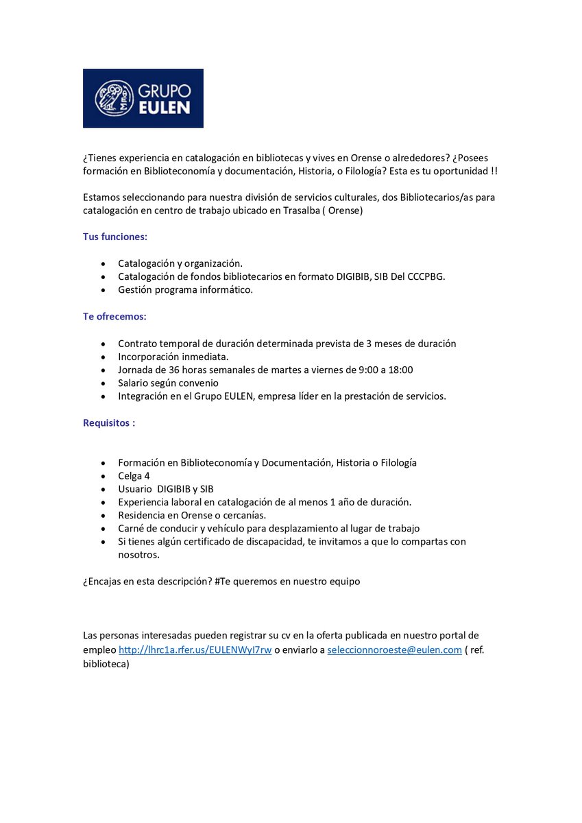 Oferta de traballo para bibliotecari@s en Trasalba (Ourense) @FacultadeHeD