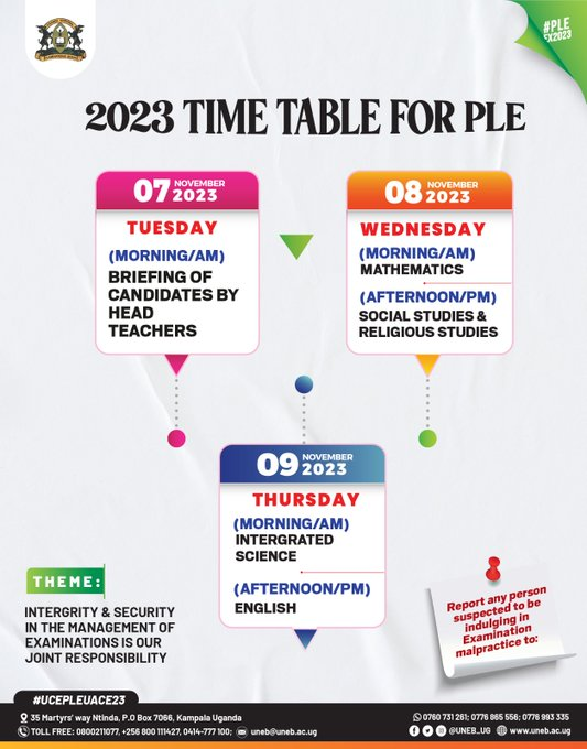 The PLE Timetable for 2023‼️
@Educ_SportsUg @UNEB_UG @DMU_Uganda 
#EducUg