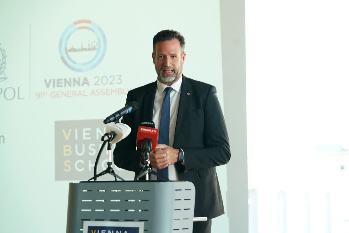 INTERPOL_HQ's tweet image. As part of the #INTERPOL100 celebrations around the world, Austrian Interior Minister Gerhard Karner, 🇦🇹 BKA Director Andreas Holzer and Exec Director of Police Services Stephen Kavanagh addressed a group of future leaders in Vienna, where INTERPOL was founded 100 years ago today