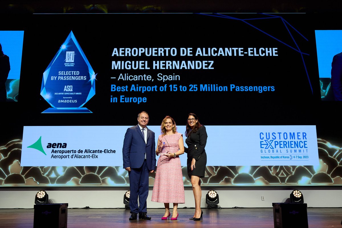 aena's tweet photo. 🏆 La directora del #Aeropuerto de #Alicante-Elche MH, Laura Navarro, recoge el premio al “Mejor Aeropuerto de Europa” en su categoría otorgado por @ACIWorld, en los #AirportCX celebrados en Incheon, Corea.

🏆 El director de Operaciones y Red de Aeropuertos, Rafael Fernández Villasante, recoge los premios #ASQAwards a otros seis aeropuertos de la red de Aena.

✅ #Asturias, #ElHierro y #Palma de #Mallorca, premios al Mejor Aeropuerto Europeo en sus categorías.