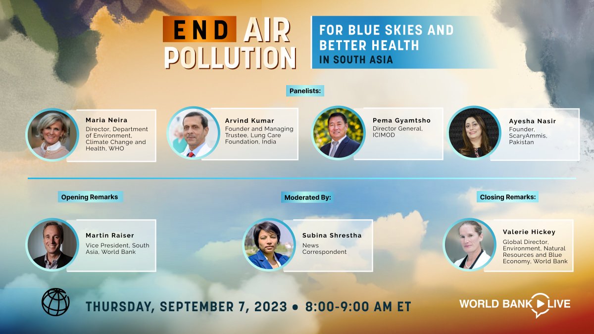 A few health impacts of #AirPollution: 🔹 Stunting 🔹Reduced cognitive development 🔹Chronic respiratory diseases 🔹 Cardiovascular ailments 🔹 Depression Join us to find solutions for #CleanAir in #SouthAsia today at 8:00 AM ET 👉 live.worldbank.org/events/end-air…