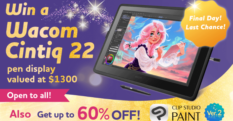 clipstudiopaint's tweet image. It&apos;s the last day! One lucky winner will win a Wacom Cintiq Pro 22, valued at $1300! Just follow &amp;amp; repost to enter. Open to all! Plus, get up to 60% off on Clip Studio Paint! Ends September 12, 2023, 8:00 a.m. UTC/GMT. Details: clipstudio.net/promotion/give…