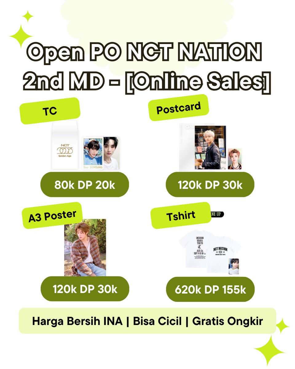 [Open PO / WTS INA🇲🇨] NCT NATION  OFFICIAL MD 2ND ONLINE SALES 

🤑 Harga termurah / DP 25% / Bisa cicil 4x
✅ EMS/tax + Free ongkir
👍Bisa pilih versi

Random Trading Card Set ✨80k DP 20k
Postcard + Hologram PC Set ✨120k DP 30k
A3 Poster ✨120k DP 30k
T-Shirt Set ✨620k DP