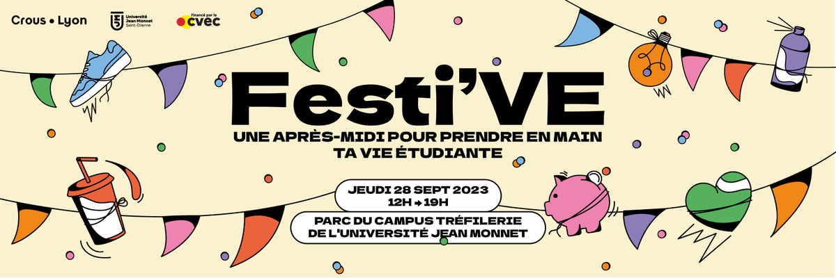 📆 Le 28/09, l'<a href="/Univ_St_Etienne/">Université Jean Monnet Saint-Étienne</a>  et <a href="/CrousLyon/">Crous Lyon</a> proposent #FestiVE, une journée de bons plans pour mieux gérer sa vie quotidienne, organisée avec 45 partenaires. Ouvert à tous les étudiants de #SaintÉtienne : 50 ateliers, jeux, expos et concerts ! 
👉tinyurl.com/4p2duf6t