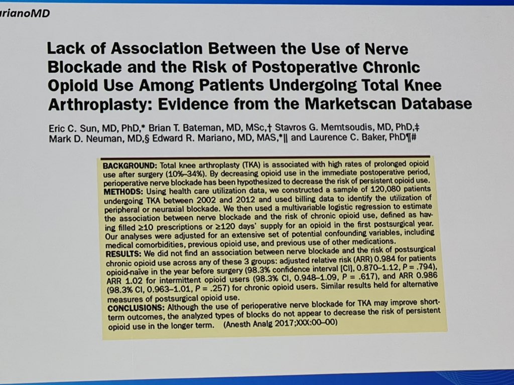 DrNavSidhu's tweet photo. No association between nerve blocks and risk of post-op chronic opioid use. 

@EMARIANOMD at #ESRAWorld2023 https://t.co/glC1LfqQl4