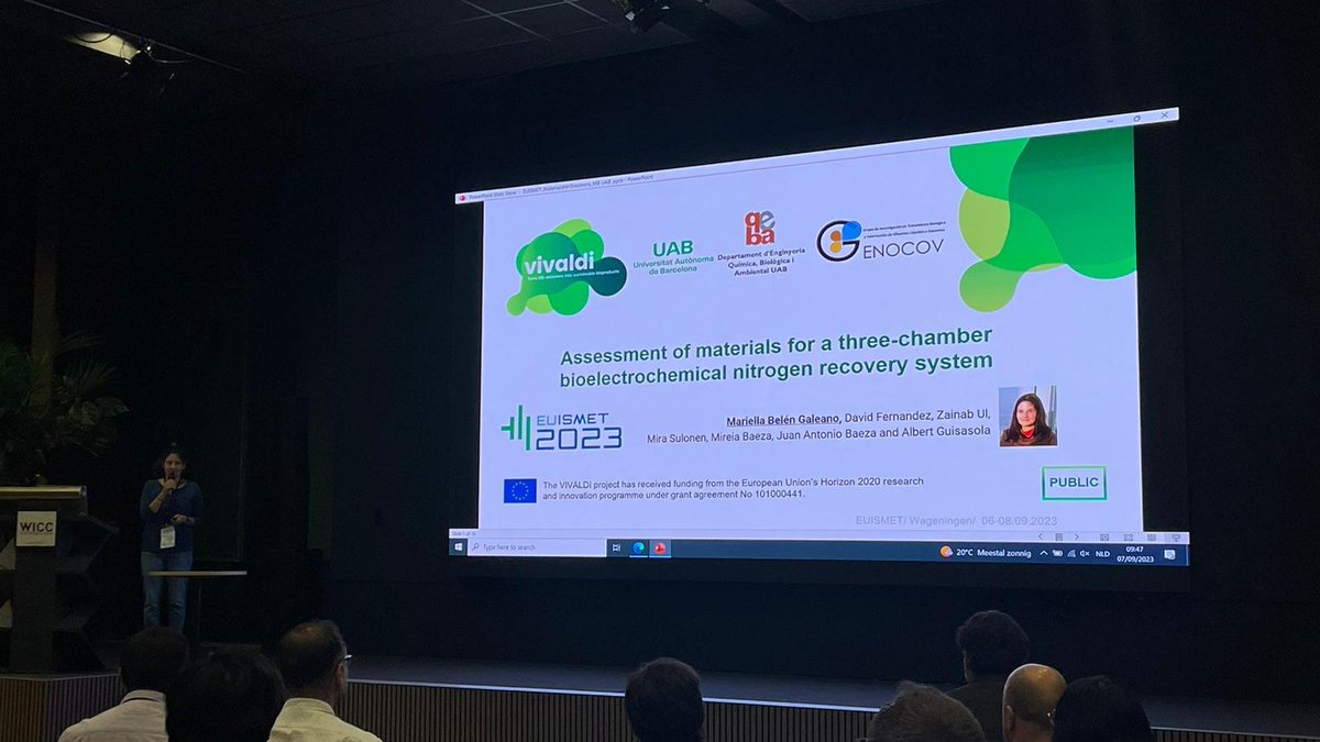 GENOCOV's tweet photo. Mariella Galeano from @GENOCOV just presented "Assessment of materials for a three-chamber bioelectrochemical nitrogen recovery system" at the 
@euismet2023 conference in Wageningen, The Netherlands https://t.co/PFIXXdhXK7