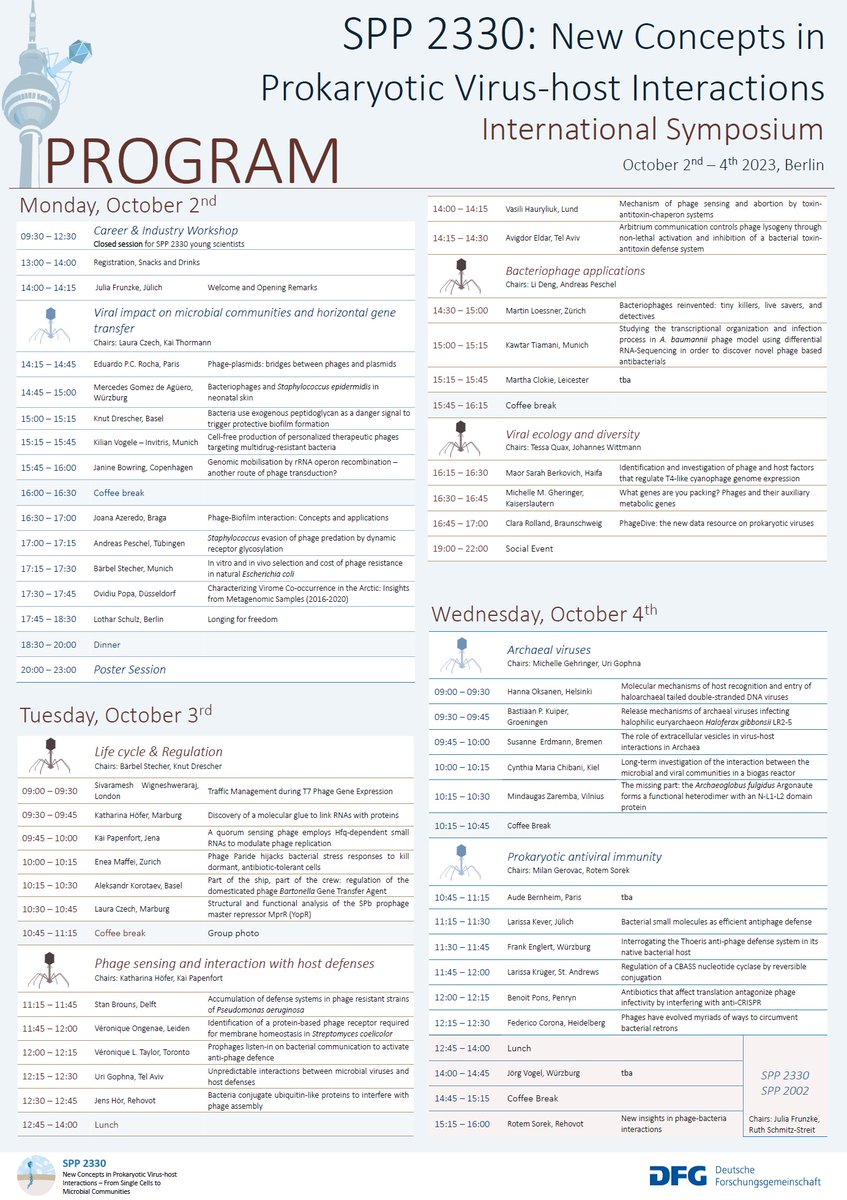 SPP2330's tweet photo. The preliminary program for the 2023 International Symposium on "New Concepts in Prokaryotic Virus-host Interactions" is out now!👇
https://t.co/WdjmqjDtkD https://t.co/EjBbg60HUW
