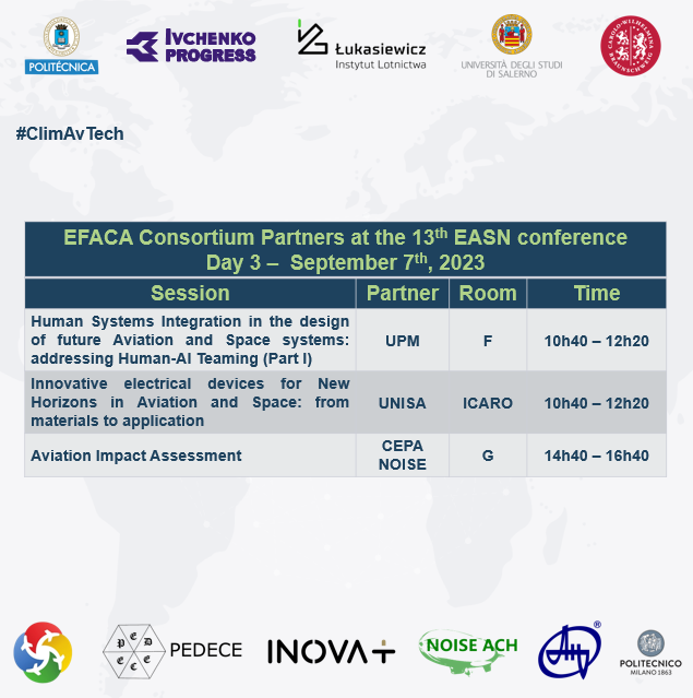 EFACAProject's tweet photo. Join us for Day 3 of the #EASNconference!
Explore cutting-edge discussions with key partners UPM, CEPA, UNISA, and NOISE. Topics include Human Systems Integration, Innovative Electrical Devices, and Aviation Impact Assessment.
📅Detailed agenda: https://t.co/cPPZUolfDi https://t.co/wyDUVJPRpz