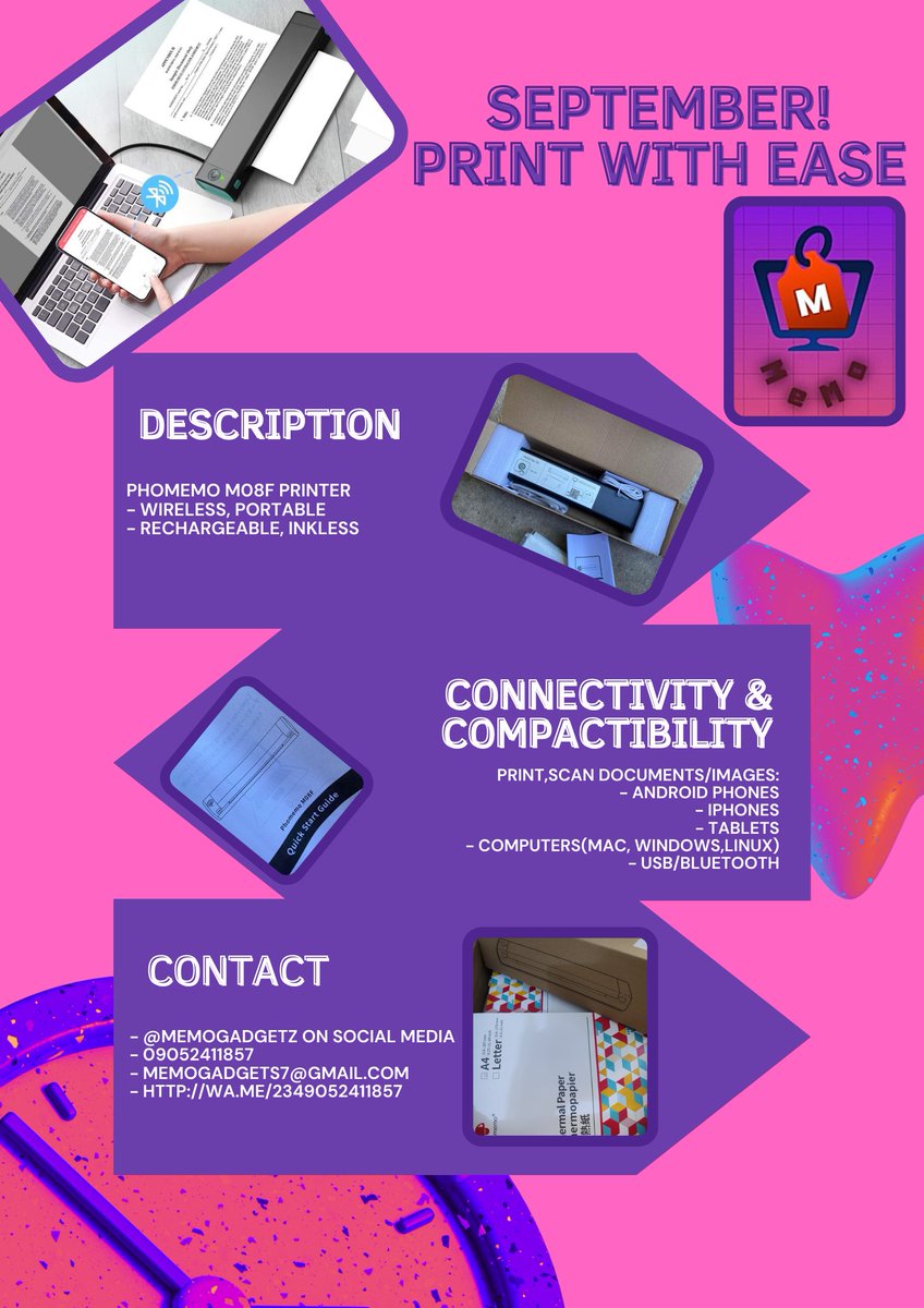 memogadgetz's tweet photo. This September, trust us to meet your printing needs without stress. Our A4 Thermal printers and its A4 papers are available for immediate delivery. Place your orders now.
Call - 09052411857 or WhatsApp: https://t.co/8kIY9Mnept
📧: memogadgets7@gmail.com  
Nationwide Delivery https://t.co/ugyTiQelBC