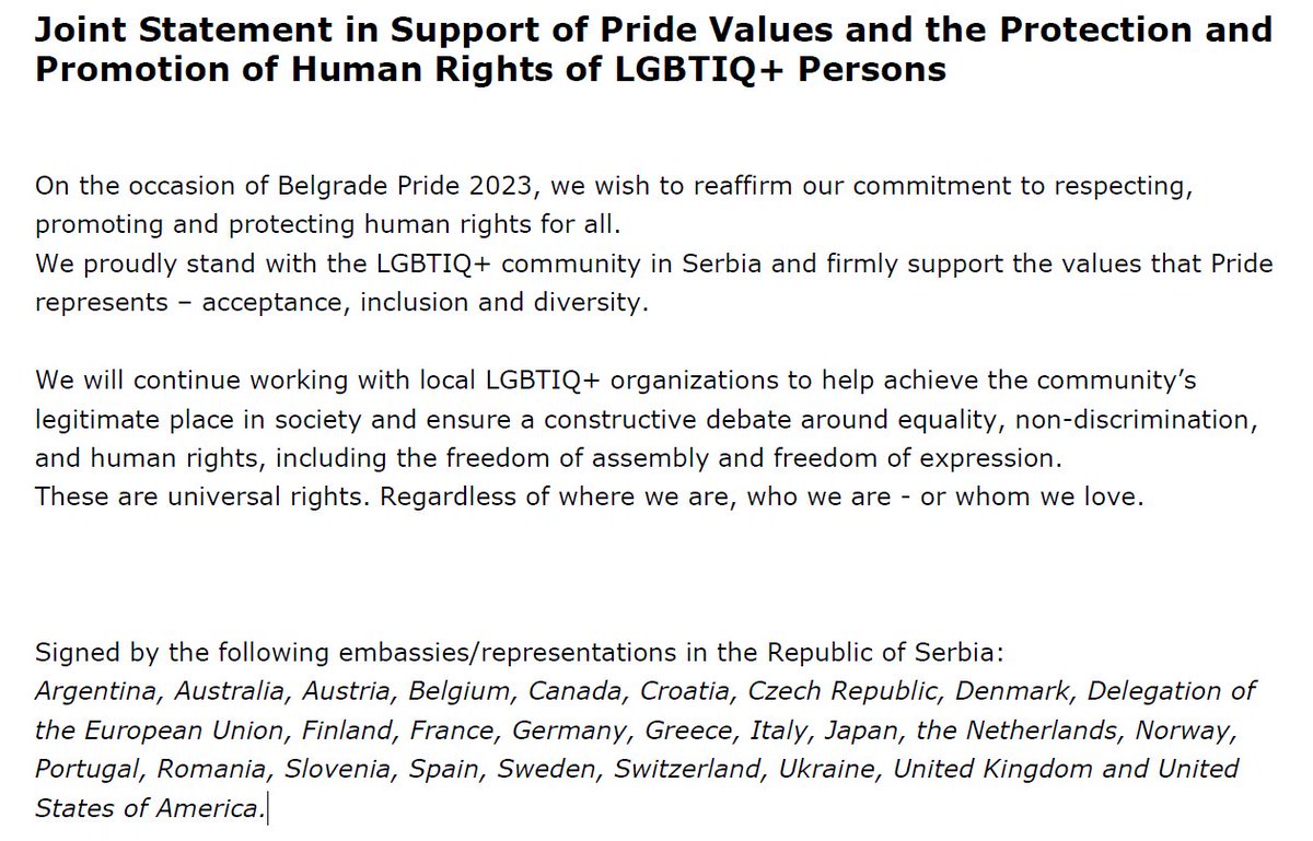 NLinBelgrade's tweet photo. 🏳️‍🌈Joint Statement in Support of Pride Values and the Protection and Promotion of Human Rights of LGBTIQ+ Persons #BelgradePride2023 #WeSupportPride https://t.co/wbzuxLB8ol