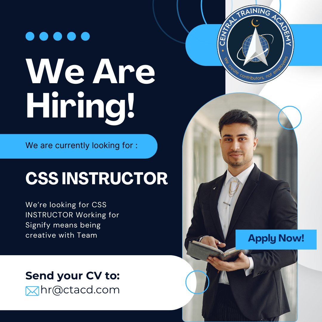 ctacdglobal's tweet photo. 🌟HIRING at Central Training Academy Pakistan!Position: CSS Instructor. Seeking dynamic experts with a strong understanding of the CSS curriculum. Prior teaching experience is preferred. To apply: hr@ctacd.com
Deadline: 1-OCT-2023 #CSSInstructor #JobAlert #CentralTrainingAcademy https://t.co/2A4cQQCWLr