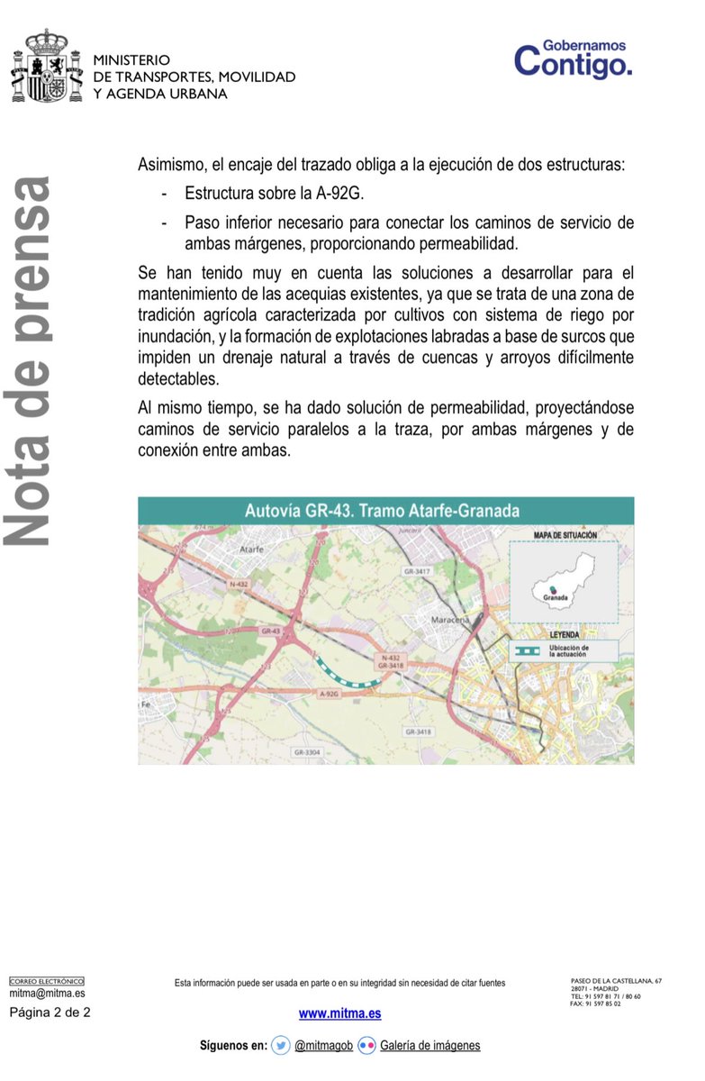 JoseantonioJun's tweet photo. El Gobierno de España otra vez con Granada 😉

El @mitmagob formaliza por 12,5 millones de euros las obras de la autovía GR-43 entre Atarfe y Granada
• Este tramo de 2 km de longitud prolonga la GR-43 hasta la capital granadina y da continuidad al tramo Pinos Puente-Atarfe, puesto en servicio el año pasado.
• Supondrá una mejora en la movilidad, accesibilidad y seguridad vial en el área metropolitana de Granada.
Aquí tenéis más datos 👇🏽👇🏽