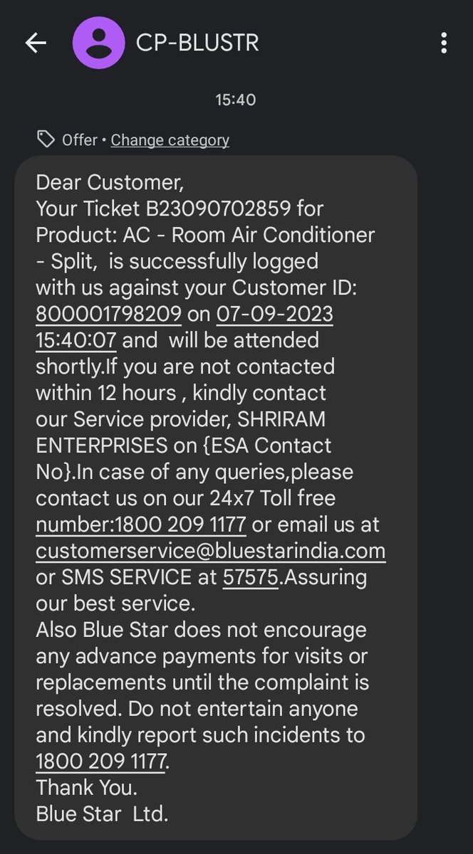 avinash5188's tweet photo. @BlueStarLtd
I received these messages  and when i didn't register any complaints, is it any fraud from the service provider? https://t.co/7iHbRrbD2e