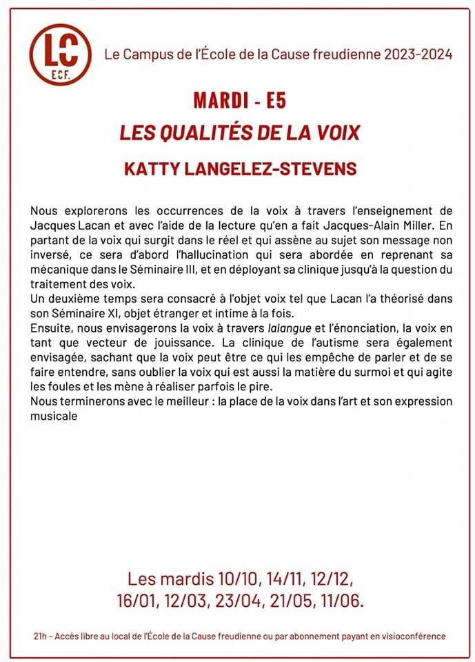 guidelacanienGP's tweet photo. ⭕️ Le Campus de l'ECF 
LES QUALITÉS DE LA VOIX - L'ARGUMENT DE K. LANGELEZ-STEVENS

Pour s'inscrire à cet enseignement 👇🏼
https://t.co/DZKhDFXZYg https://t.co/pvBvR9xs3j