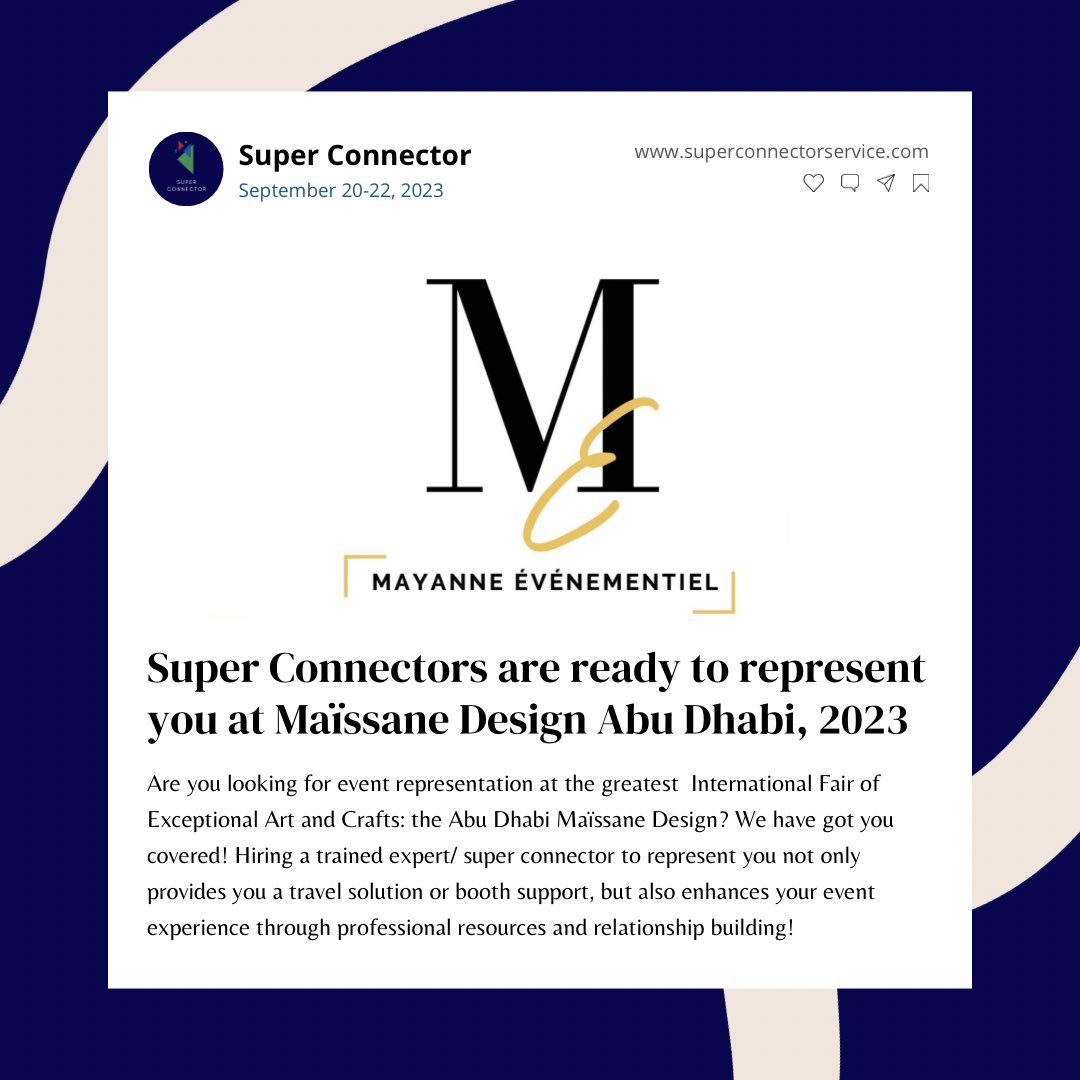 SuperConnector8's tweet photo. Announcing our official partnership with MAYANNE EVENEMENTIEL Abu Dhabi Exhibit Sept 20-22, 2023! We provide not only travel solution &amp; booth support, but enhance your event experience with our deep knowledge &amp; vast experience in event networking and relationship building! https://t.co/YjjBoxOLX9