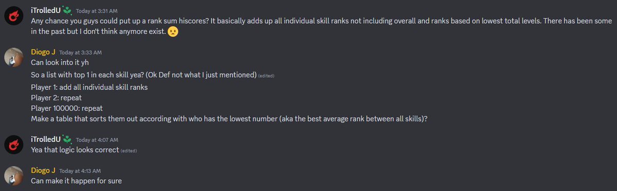 Runepixels implementing rank sum hiscores lets gooooo. I'm probably literally the only person who cares about this metric but was so fun to compete on rank sum in the early days of RS lmao. Will be cool to see who's still around.