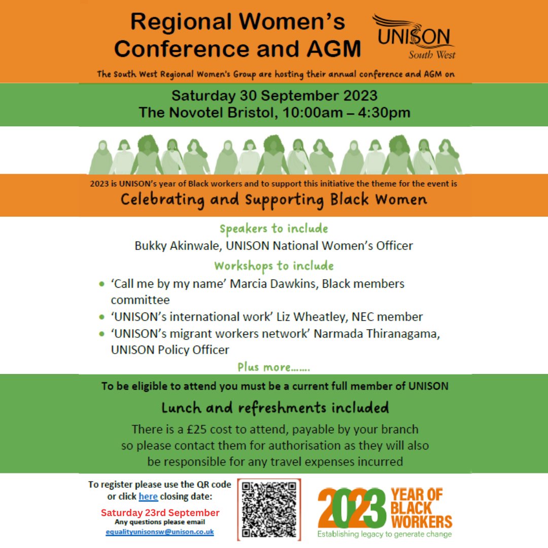 UWEUNISON's tweet photo. *Update*
The Regional Womens Conference and AGM registration has been extended until the 23rd September!!

Open to all our Women members. This is a great networking event and a great opportunity to see more of UNISON and how to be more active!

Registration link in comments https://t.co/WcsCkHoYRf