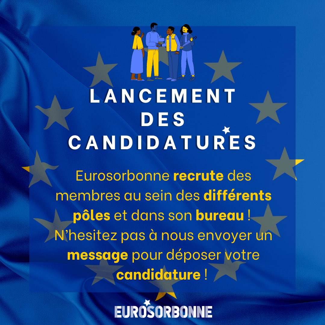 eurosorbonne's tweet photo. 🇪🇺Eurosorbonne lance sa première campagne de recrutement pour l'année 2023-2024 ! 

👉L'association recherche : 
- Un trésorier ou une trésorière 
- Un secrétaire général ou une secrétaire générale 
- Des membres actifs répartis dans l'ensemble de ses pôles ! https://t.co/rJ8W0mvo0L