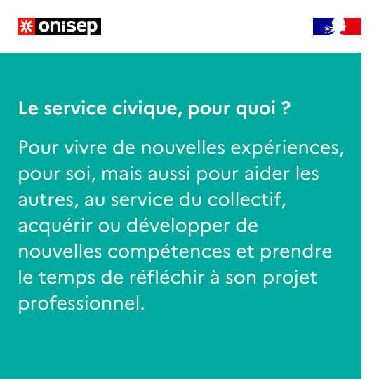 OnisepNA's tweet photo. Vous avez entre 16 et 25 ans, un diplôme ou non, envie de vous engager dans 1 asso, en France, à l'étranger, jusqu'à 1 an... ? Vous êtes en #formation, en réflexion sur votre #orientation ? 
Le #servicecivique est pour vous > https://t.co/ZJe8YXXAZy @ServiceCivique @Onisep https://t.co/nM9atqYkoL