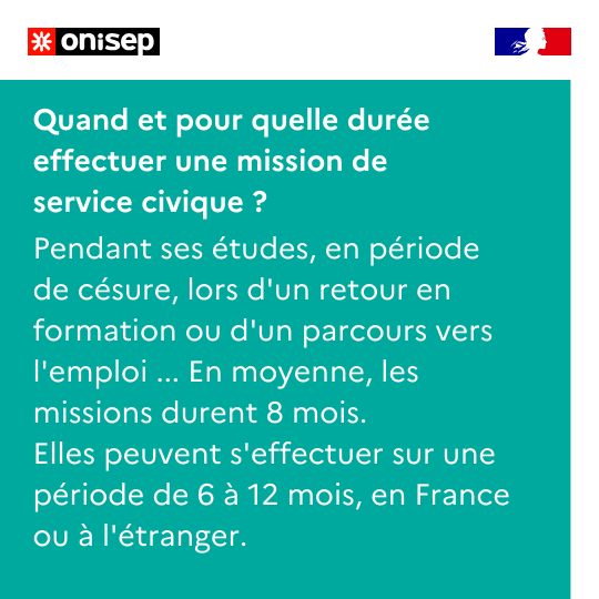 OnisepNA's tweet photo. Vous avez entre 16 et 25 ans, un diplôme ou non, envie de vous engager dans 1 asso, en France, à l'étranger, jusqu'à 1 an... ? Vous êtes en #formation, en réflexion sur votre #orientation ? 
Le #servicecivique est pour vous > https://t.co/ZJe8YXXAZy @ServiceCivique @Onisep https://t.co/nM9atqYkoL