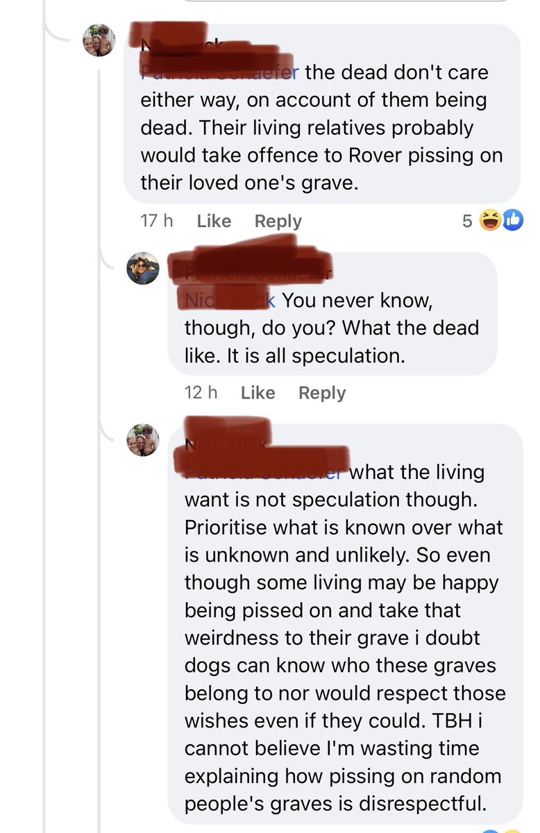 If anyone is having a bad day/week please cheer yourself up with this exchange on my local neighbourhood Facebook group re: dogs urinating on graves which got very existential at one point followed by a sprinkling of kink-shaming