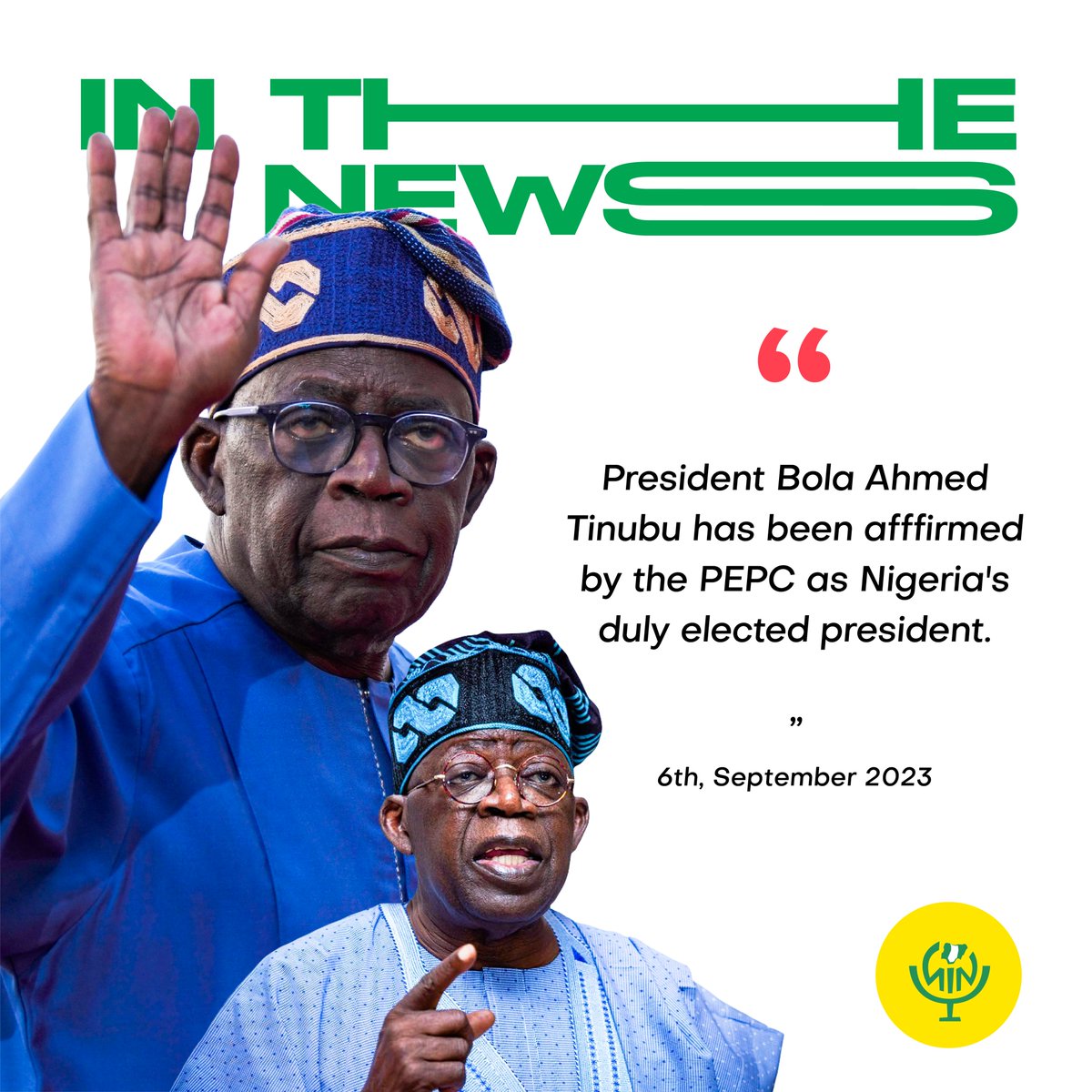 GovtinNigeria's tweet photo. Renewed President!
President Bola Ahmed Tinubu has been affirmed as the duly elected President of Nigeria. All petitions against him dismissed and dissolved. 🇳🇬🗳️ #PEPCJudgment
#GiN #GovernmentinNigeria https://t.co/zLwizdi6r5