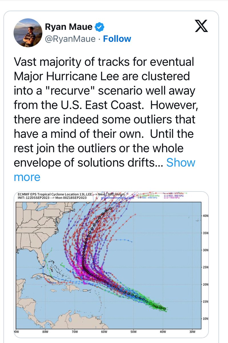 h0lyd3f3nd3r's tweet photo. Looks like the East coast might dodge the monster hurricane Lee. https://t.co/G29M8f6EYy