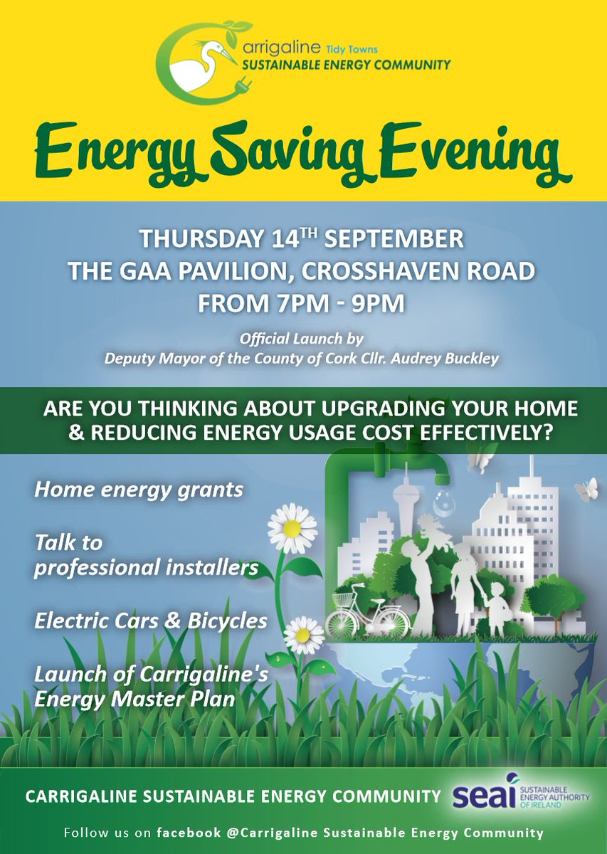 Carrigaline Tidy Towns Energy Saving Evening on Thursday 14th September in the GAA Pavilion @ 7.00pm-9.00pm