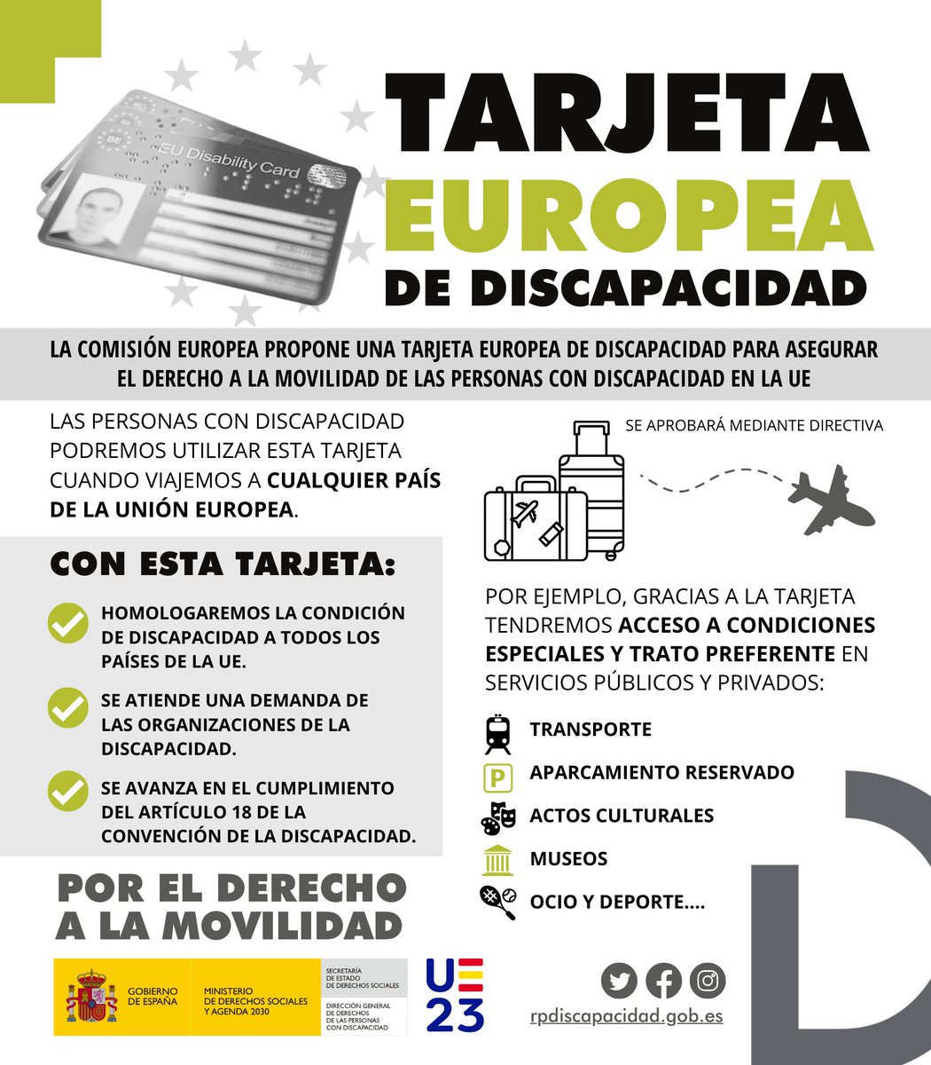 España liderará, en el marco de la @eu2023es, la consecución de la Tarjeta Europea de Discapacidad. Un dispositivo para asegurar el derecho a la movilidad de las personas con discapacidad en la UE. 

POR UNA EUROPA MAS SOCIAL