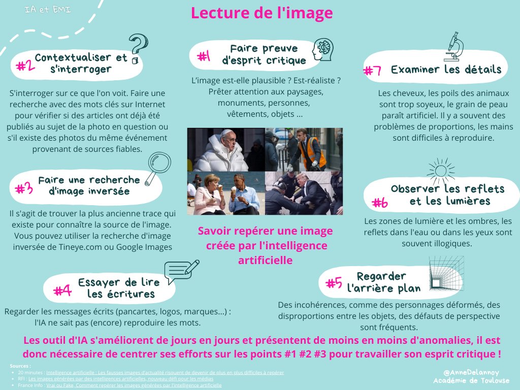 🔎 #EMI #IA #TraAMEMI 
7 points clés pour analyser une image et repérer celles qui sont créées par un outil d'intelligence artificielle : une proposition d'indices qui évolue avec la technologie ! 
🔗 pedagogie.ac-toulouse.fr/documentation/…