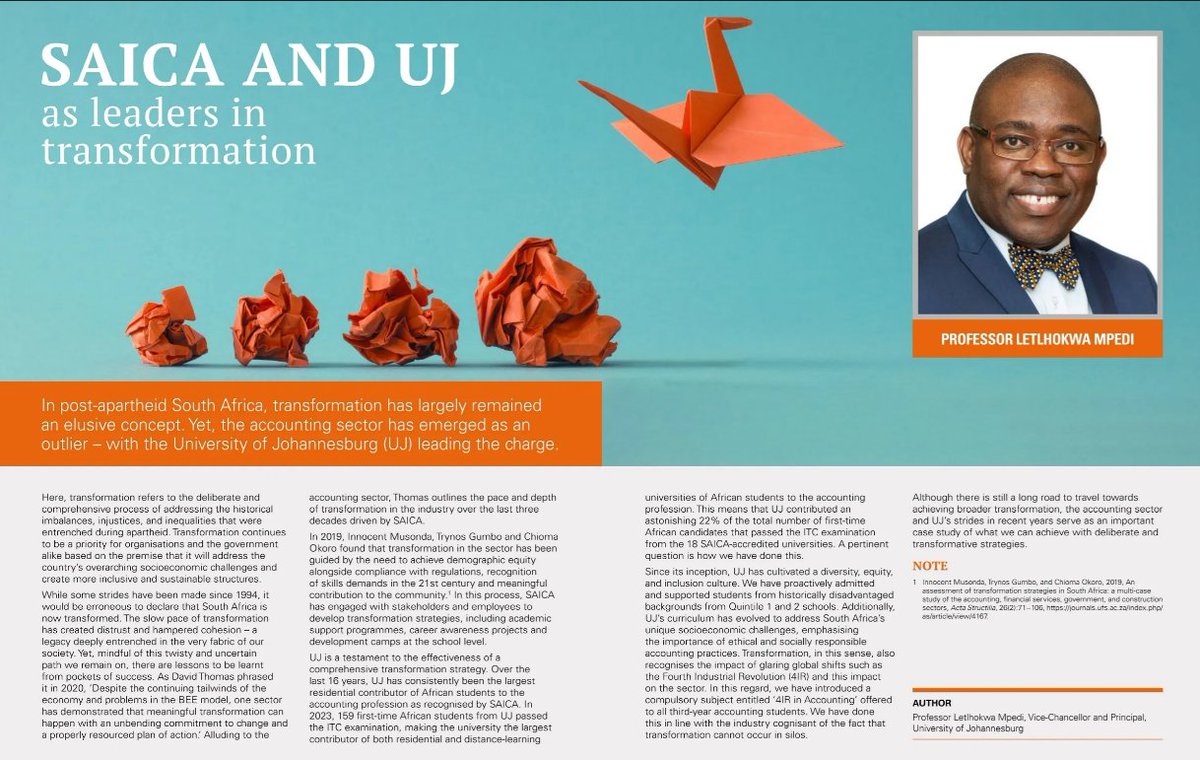 Check out UJ VC Prof <a href="/lgmpedi/">Letlhokwa Mpedi</a> in the September edition of AccountancySA Magazine

magazine.accountancysa.org.za/asa-september-…

#UJ #LeadersInAccountingEducation #Transformation