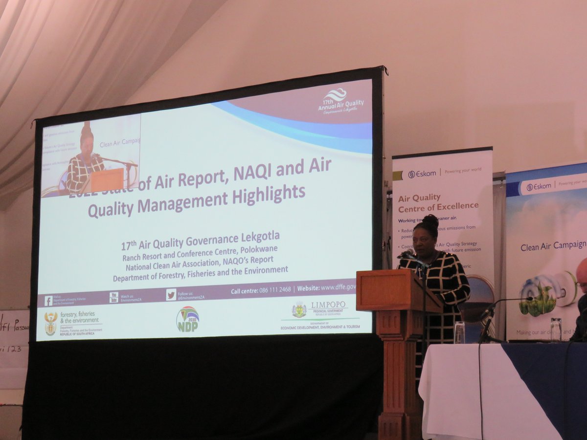NACA_Conference's tweet photo. Dr Patience Gwaze, National Air Quality Officer (#DFFE) giving feedback on Air Quality Management Highlights & Legislative Developments
#NACA2023 #CollaboratingForCleanAir #AirPollution #ClimateChange #CleanAir https://t.co/AJ88lShmdi