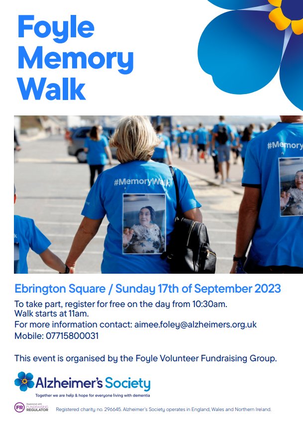 mccarron1965's tweet photo. Gentle reminder of The Memory Walk, Ebrington Square, 17/9/23. Free registration and send off from The Mayor DC&amp;S.
#DerryLondonderry
#ForgetMeNot
#Alzheimers 
#MemoryWalk
#MemoryTree 
 #FoyleVolunteerFundraisingGroup https://t.co/WlQJmMROA8