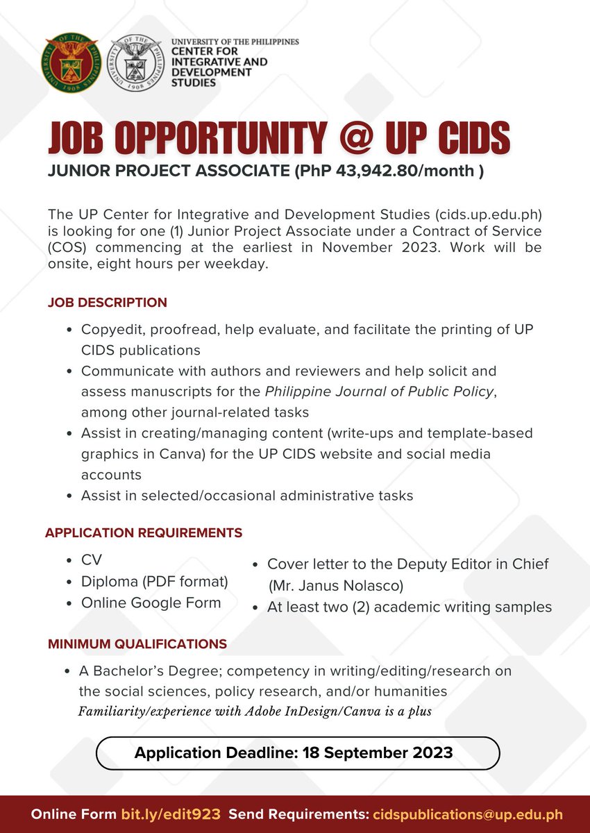 Join our Publication Unit! Apply via this form bit.ly/edit923 and send the requirements to cidspublications@up.edu.ph on or before 18 September 2023!
