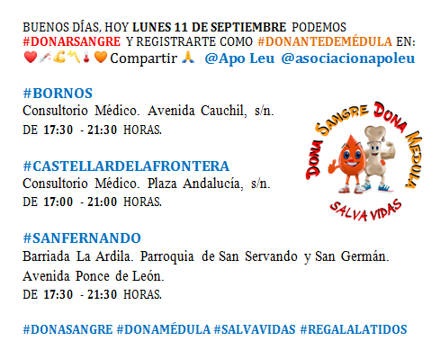 ApoLeuJerez's tweet photo. LUNES 11 DE SEPTIEMBRE PUEDE #DONARSANGRE Y REGISTRARSE COMO #DONANTEDEMÉDULA
@ApoLeu EN ❤️💉💪〽️🌡🧡 RT🙏

#BORNOS #COTODEBORNOS
@AytoBornos @guadabornos @reylabert @CrisPasReal @IUBornos @carolina_gemela @noemi_palomares @Cristinagemely 

#DONASANGRE #DONAMÉDULA #SALVAVIDAS https://t.co/TZ45cH3kRq