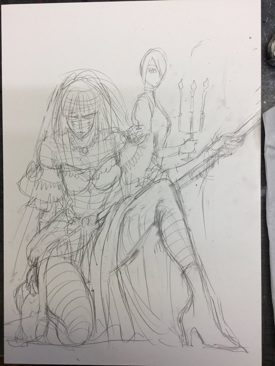 ちなみに、さっきの表紙絵の克明な下がきね。
もう、なんかの番組でやってたらしいけど藤田が下がき描かないでペン入れする、とかなんかの間違いですわ。メイワク。
ちゃんとした絵を描く時はちゃんと描くよう。
たまあにやっちゃう時があるだけ。