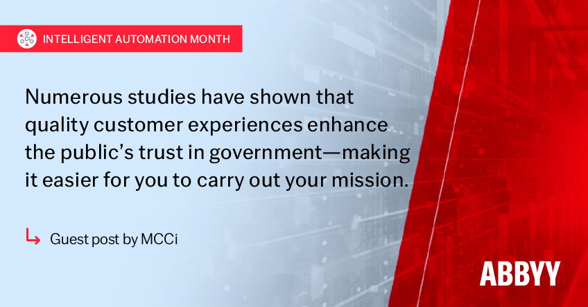 ABBYY_Software's tweet photo. This #IntelligentAutomationMonth, Mike Pazuki of MCCi shares how automation can transform #CX in the public sector.

State agencies are slowed down by manual processes and old tech, causing only 16% of people to be satisfied with their service.

Read more: https://t.co/ciQGeW8qMf https://t.co/O0EdkESpDt