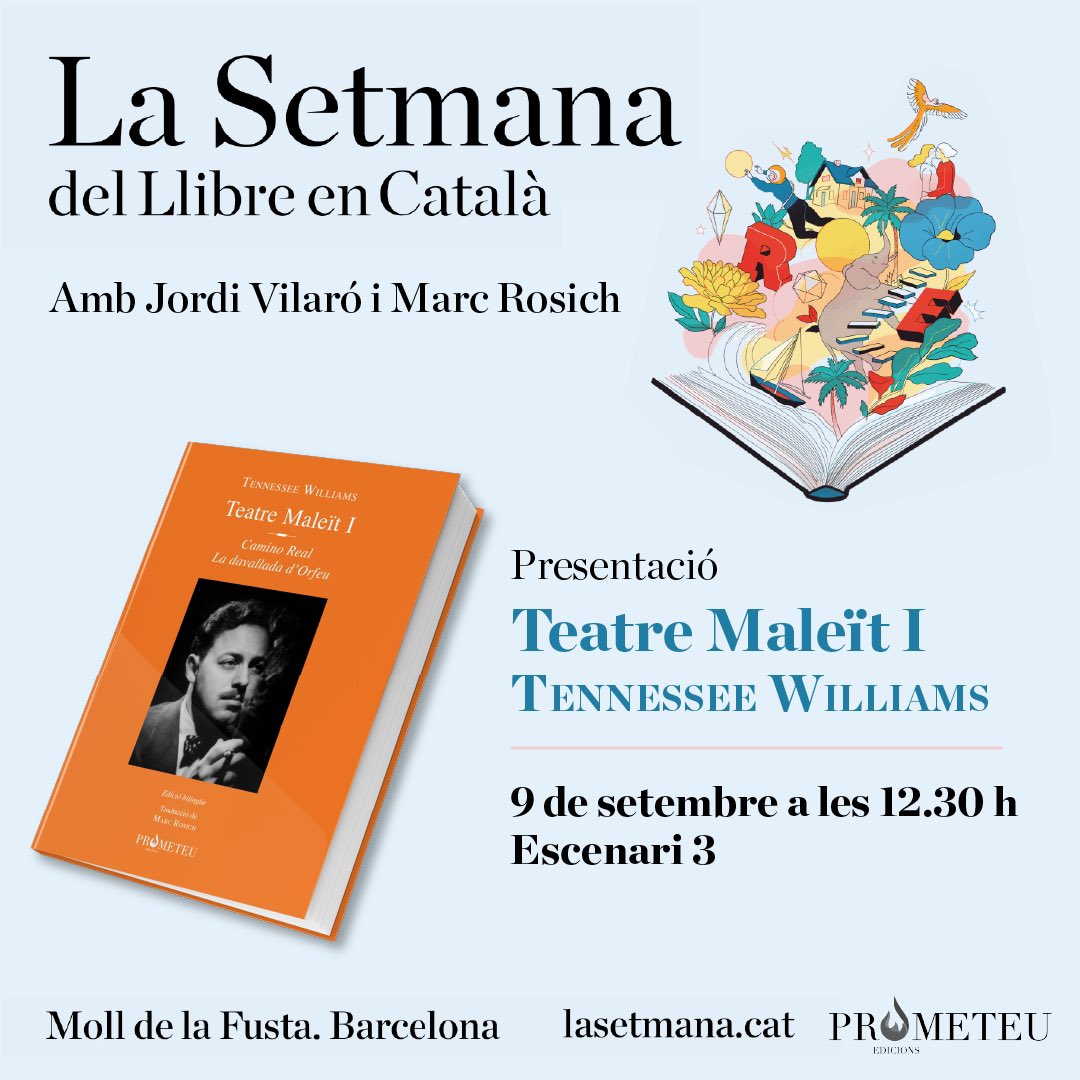 marc rosich (@marcrosich) on Twitter photo Dissabte serem a <a href="/LaSetmana/">La Setmana</a> amb el <a href="/jordivilaro70/">Jordi Vilaró Berdusan</a> presentant el primer volum del Teatre Maleït de Tennessee Williams que he traduït gràcies a <a href="/PrometeuEd/">Prometeu Edicions</a> i <a href="/institutteatre/">Institut del Teatre</a> Camino Real i La davallada d’orfeu… les perles amagades més enllà de gates i tramvies! Dissabte serem a <a href="/LaSetmana/">La Setmana</a> amb el <a href="/jordivilaro70/">Jordi Vilaró Berdusan</a> presentant el primer volum del Teatre Maleït de Tennessee Williams que he traduït gràcies a <a href="/PrometeuEd/">Prometeu Edicions</a> i <a href="/institutteatre/">Institut del Teatre</a> Camino Real i La davallada d’orfeu… les perles amagades més enllà de gates i tramvies!