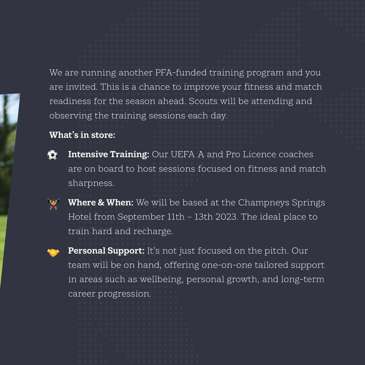 PFA's tweet photo. The PFA are delighted to be hosting our second Out of Contract Training Camp. 

📅 11-13 September

There are limited spaces remaining for both players and scouts to attend. Find out more ⤵️