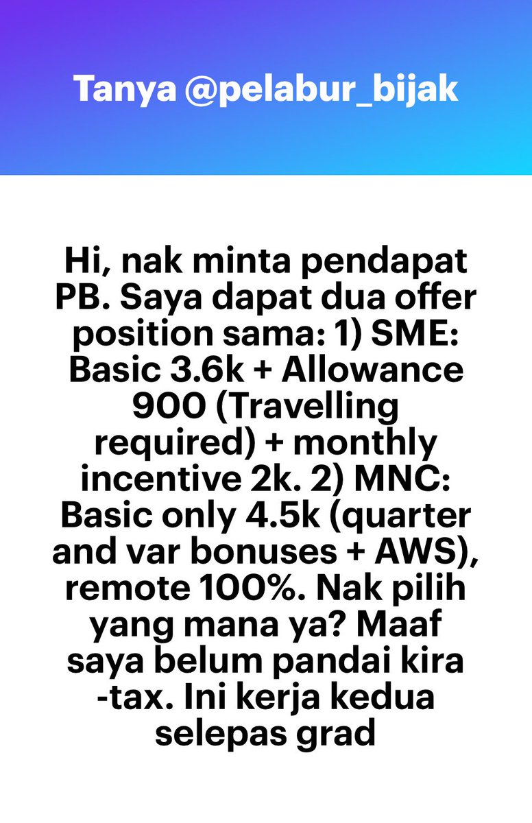 MNC ada career growth kot

SME semua benda A-Z belajar sebab kita je dah almost 20 % syarikat tu kalau ada 5 orang staff termasuk bos 🤣

Solat Istikharah might help if you’re a muslim sebab agak big decision juga ni